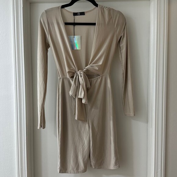 Missguided Tops - NWT Missguided Beige Stretch Long-Sleeve Unitard with Tie Front, Size 4